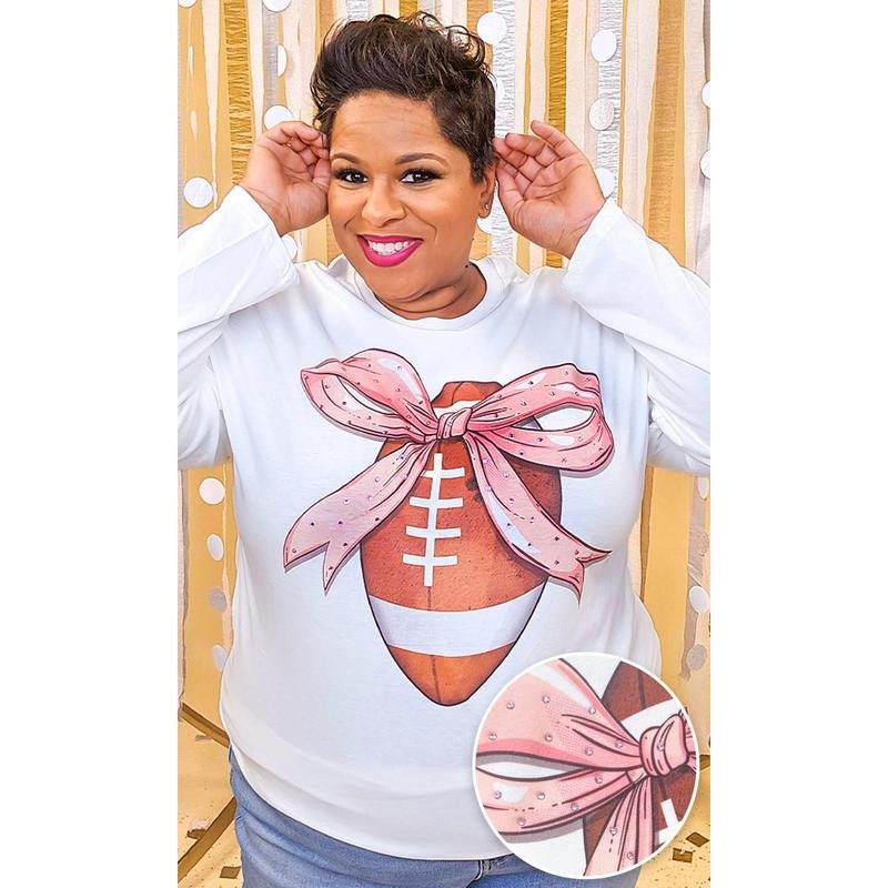 Football Pink Bow Rhinestone Graphic Long Sleeve Shirt
