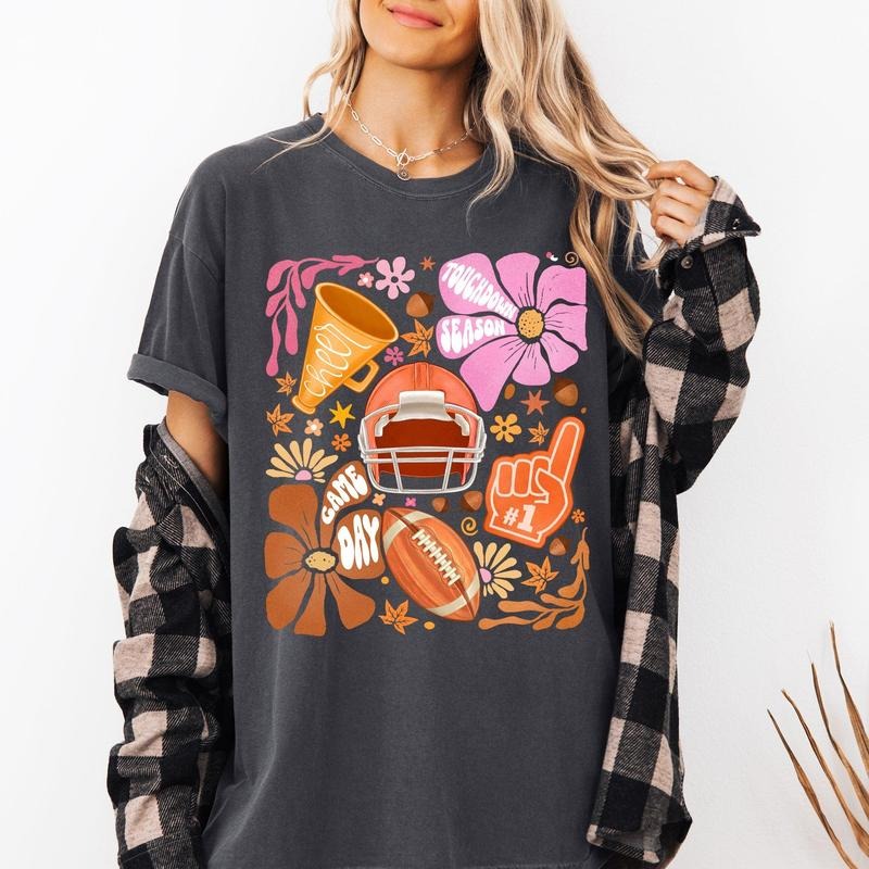Football, Floral, Girly, Sports, Game Day, Big Game, Touchdown, Tailgate Party Tshirt, Women's Comfort Colors Tshirt, Graphic Tee