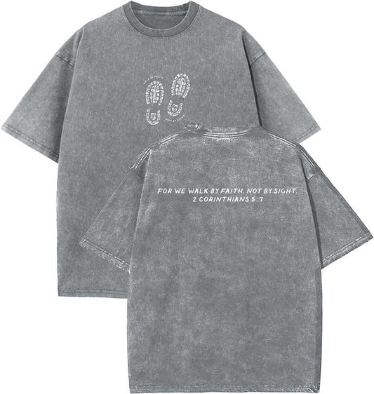 For We Walk By Faith, Not By Sight Unisex Washed T-Shirt, Christian t shirts, Vintage 90s Graphic Tee, Gift Top Womenswear Cotton Mineral Color