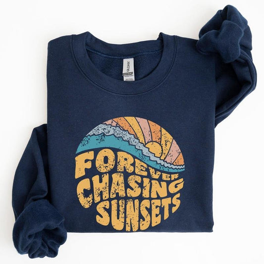 Forever Chasing Sunsets, Beach, Retro Sweatshirt, Women's Crew Neck, Crewneck