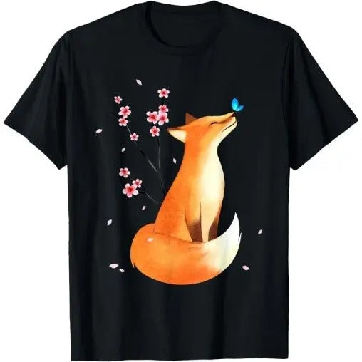 Fox Japanese Cherry Blossom Flower Vintage Gift T-Shirt Made in USA