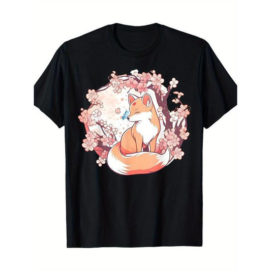 Fox Japanese Sakura Flower Butterfly Vintage 100% cotton T-shirt Made in USA