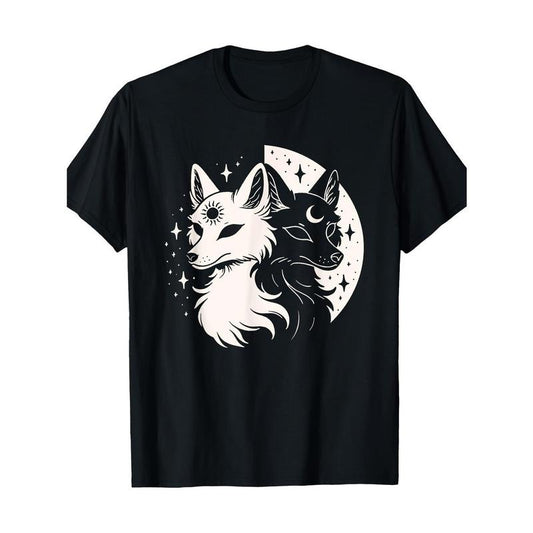 Foxes Night Moon Day Sun Stars Spirit Celestial Moon Alt T-Shirt - 100% Cotton Crew Neck Short Sleeve Tee for Adults - All-Season Knit Fabric with Medium Stretch - Geometric-Patterned Pullovers for Daily & Casual Wear Made in USA