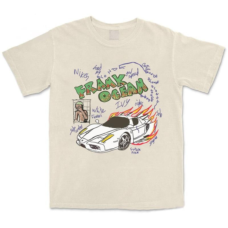 Frank Ocean Shirt White Ferrarii Blond Album Rapper Vintage Graphic Tee Concert Merch Shirt for Men Women Fabric Menswear Crewneck Cotton Top Medium
