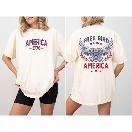 Free Bird, America, Red White Blue, Patriotic, 1776, Retro, Concert, Front And Back, USA, Independence Day, Tshirt, Women's Comfort Color Tee, Tshirt