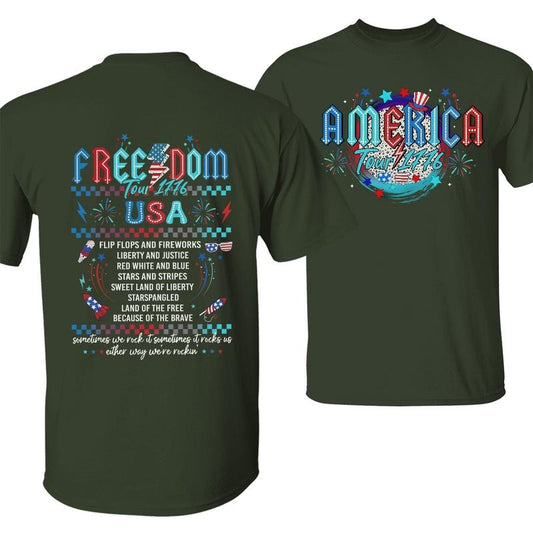 Freedom Tour 1776 T-Shirt, Patriotic American Independence Day Tee, USA Flag & Fireworks Graphic, Historical Tribute Apparel, Unisex Cotton Shirt for Men and Women