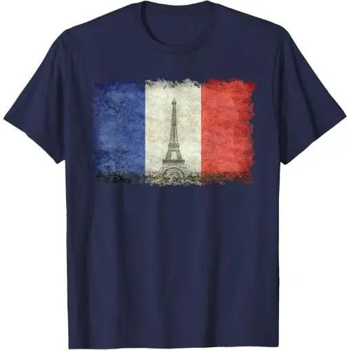 French Flag Vintage Postcard Style with Eiffel tower T-Shirt Made in USA