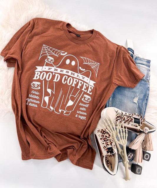 Freshly Boo'd Coffee Halloween Short Sleeve Graphic Tee Unisex with sleeve print T-Shirt Womenswear Crewneck Casual Tshirt Top