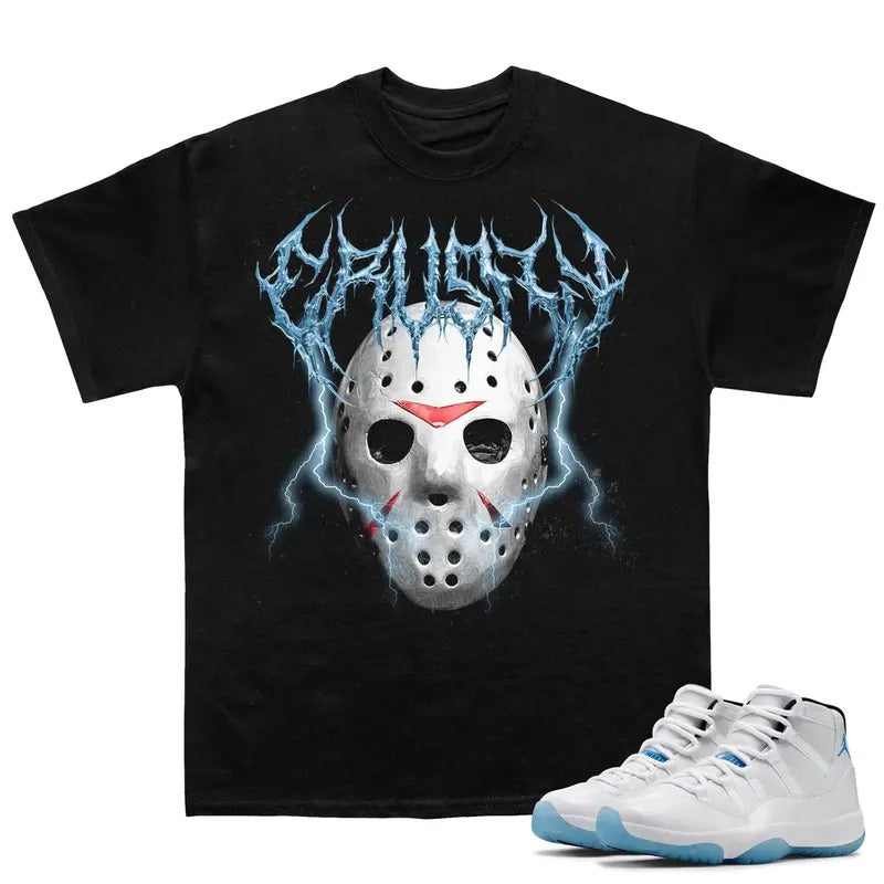 Friday The 13th Match 11s Bred Velvet Sneakers Outfits, Fitted Cotton T-shirt, Graphic Tee with Y2K Streetwear, Rap Crewneck Look
