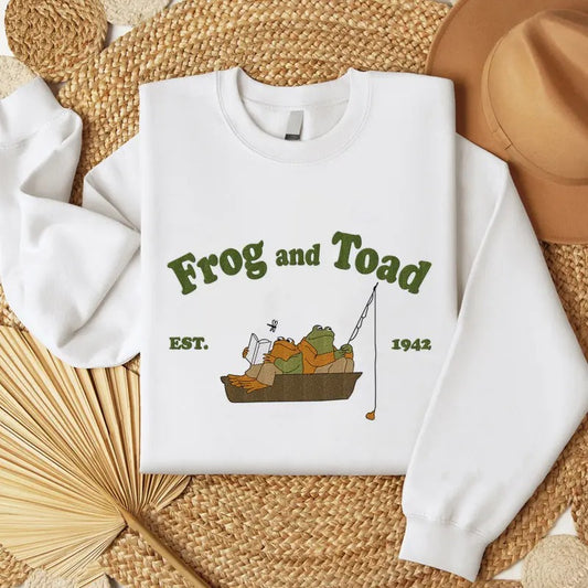 Frog And Toad Embroidered Shirt, Vintage Classic Book On Boat Cover Embroidered T-Shirt, The Lovers Frog And Toad Embroidered Tee, 90s Classic Book Embroidered Shirt