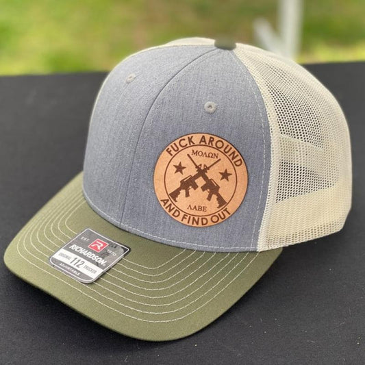 Fuck Around And Find Out 112 Hat, Laser Engraved Leather Patch Hat, Leather Patch Snapback Cap, Trucker Hat, Funny Hats