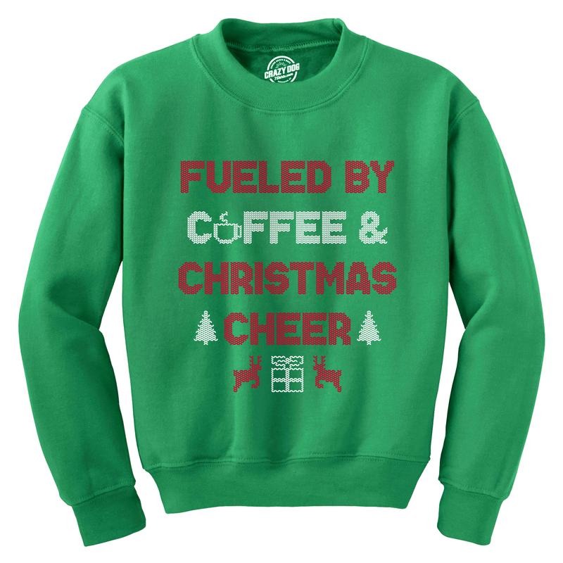 Fueled By Coffee And Christmas Cheer Crewneck Sweatshirt Funny Xmas Caffeine Lovers Longsleeve Funny Sweater Christmas Crew Neck Funny Coffee Long Sleeve Crew Novelty Sweatshirts for Men Green -
