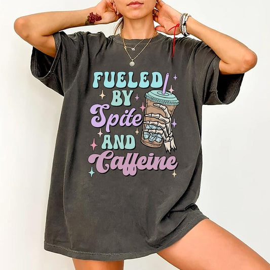 Fueled By Spite And Caffeine Shirt, Iced Coffee Lover Tee, Funny Saying Graphic Printed Short Sleeve Tee Shirt, Women Cotton Fabric Comforts Shirts, Women's Tops, Womenswear, Gift For Mom, Gift For Her, Cotton Fabric Relaxed Fit Chic Style