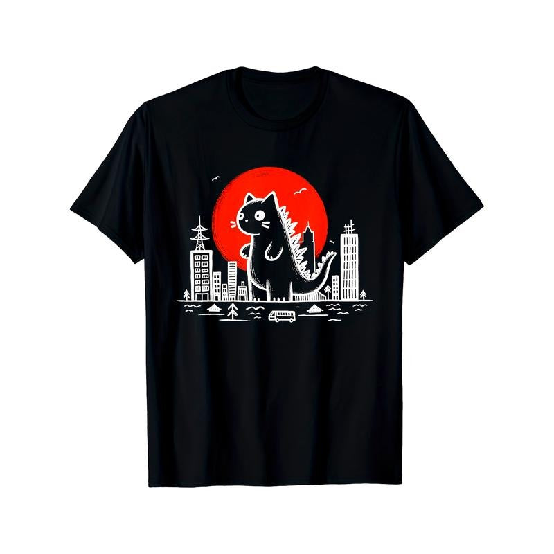 Full Cotton Monster Cat Memes Retro Japan Kawaii Kaiju T-Shirt - Soft, Breathable, and Comfortable Men's Tee - 10000 Link, Unique Design, High-Quality Print, Casual Wear for Cat Lovers made in usa