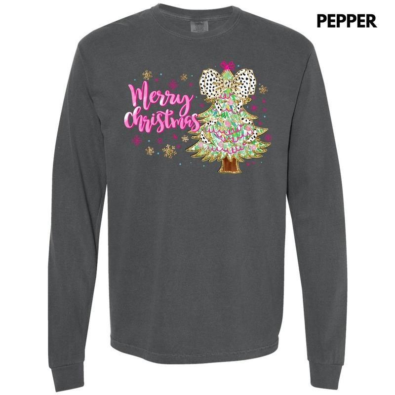 Fun Pink Merry Christmas Tree Long Sleeve Comfort Colors T-Shirt 'NLB'