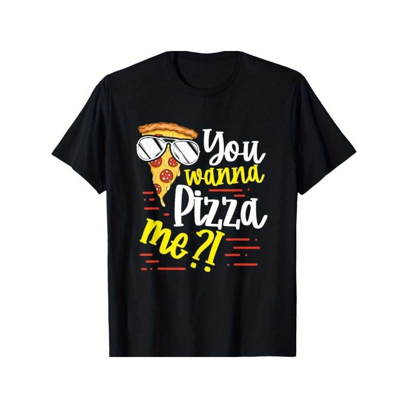 Funny 'You Wanna Pizza Me' Food Pun T-Shirt for Men, Soft Cotton Crew Neck, Casual Style, Slight Stretch, Geometric Pattern, All-Season Comfort, Ideal for Sports & Outdoor Activities, Perfect Gift for Holidays made in usa