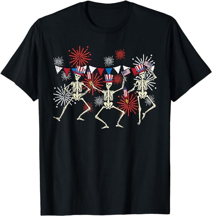 Funny 4th of July Shirts For Men, 4th Of July Dancing Skeletons Funny Patriotic T-Shirt Menswear Top Casual Cotton Smooth Basic