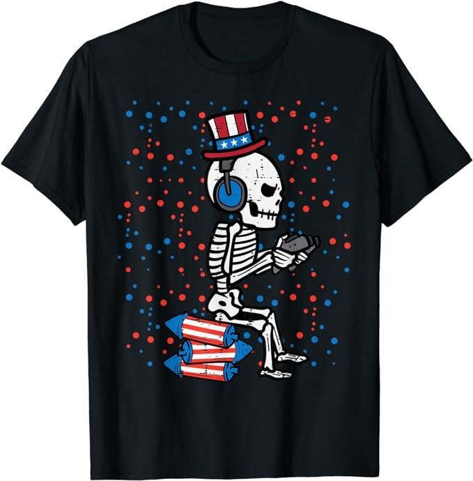 Funny 4th of July Shirts For Men, 4th Of July Skeleton Gamer Funny America T-Shirt Menswear Top Casual Cotton