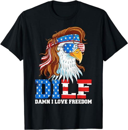 Funny 4th of July Shirts For Men, DILF Damn I Love Freedom Eagle Funny Patriotic 4th Of July T-Shirt Menswear Top Casual Cotton