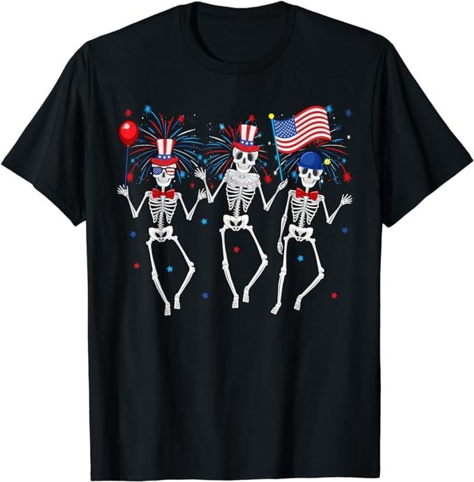 Funny 4th of July Shirts For Men, Dancing Skeletons 4th of July Funny Independence Day T-Shirt Menswear Top