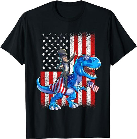 Funny 4th of July Shirts For Men, Dino Abraham Lincoln 4th Of July Shirt Boys American Flag T-Shirt Menswear Top