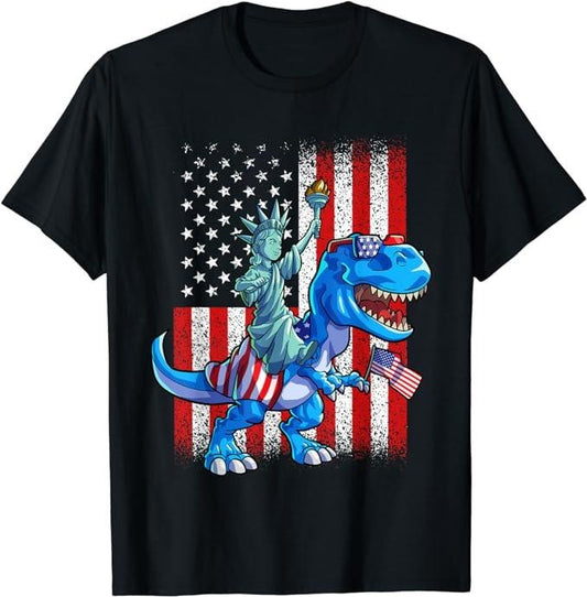 Funny 4th of July Shirts For Men, Dino Statue Of Liberty 4th Of July Shirt Boys American Flag T-Shirt Menswear Top Casual Cotton
