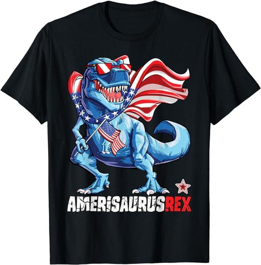 Funny 4th of July Shirts For Men, Dinosaur 4th of July Amerisaurus T Rex Funny T-Shirt Menswear Top Casual Cotton