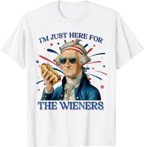 Funny 4th of July Shirts For Men, George Washington Funny Hot Dog Just Here For The Wieners T-Shirt Menswear Top Casual Cotton