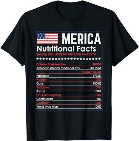 Funny 4th of July Shirts For Men, Merica Nutrition Fact Funny America 4th Of July Patriot Gift T-Shirt Menswear Top Casual Cotton Tee Basic