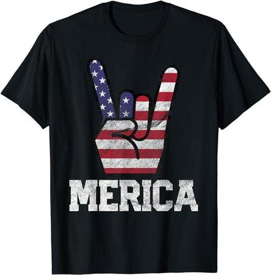 Funny 4th of July Shirts For Men, Merica Rock Sign 4th of July Vintage American Flag Retro USA T-Shirt Menswear Top Casual Cotton