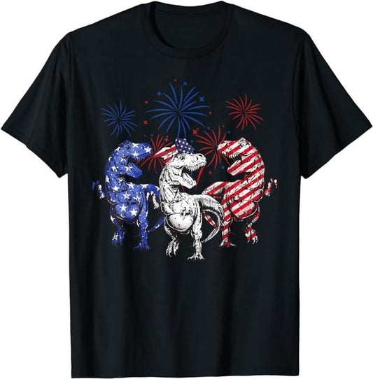 Funny 4th of July Shirts For Men, Red White Blue T Rex Dinosaur Firework 4th Of July T-Shirt Menswear Top Casual Cotton Basic Fashion