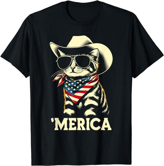 Funny 4th of July Shirts For Men, USA 'Merica Cat 4th of July Funny Patriotic T-Shirt Menswear Top Casual Cotton Fashion Basicstyle{n002}2