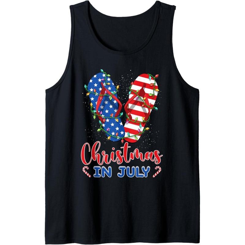Funny American Flag Flip Flops Xmas Lights Christmas In July Tank Top made in USA