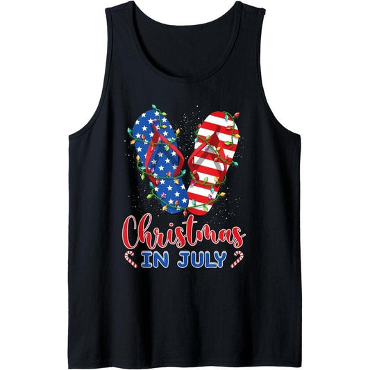 Funny American Flag Flip Flops Xmas Lights Christmas In July Tank Top made in USA