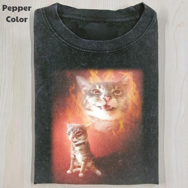 Funny Animal Vintage Graphic Tee, Cat Portrait Fire T-Shirt, Animal Shirt, Unisex Meme Cringe Funny Shirt, Menswear Womenswear Streetwear Cotton Comfort