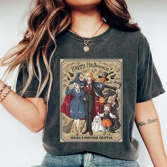 Funny Anime Halloween Comfort Color Tshirt, Howls Moving Castle, Howl And Sophie, Calcifer, Ghibli, Summerween
