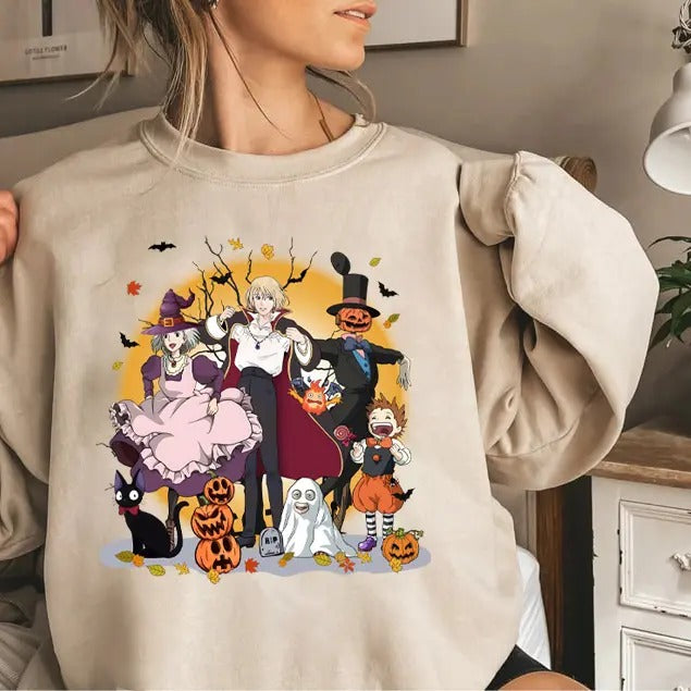 Funny Anime Halloween Sweatshirt, Howls Moving Castle Sweatshirt, Howl and Sophie, Calcifer, Anime Hoodie, Anime Sweatshirt, Anime Howls Moving Castle Shirt, Anime Trending Shirt