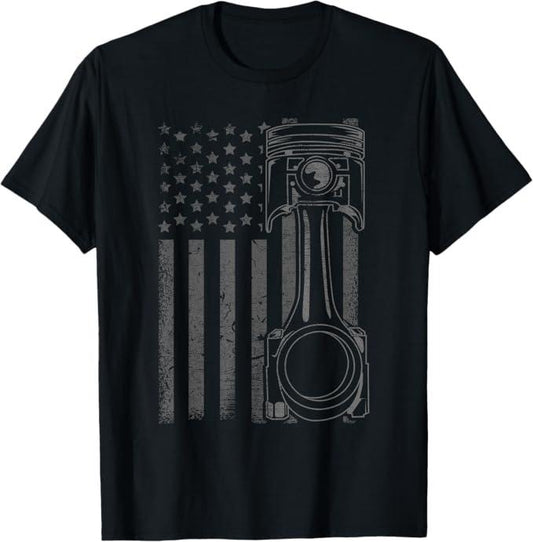 Funny Auto Mechanic Shirt, Vintage American Flag Piston Funny Muscle Car Mechanic Gift T-Shirt - Menswear Casual Cotton
