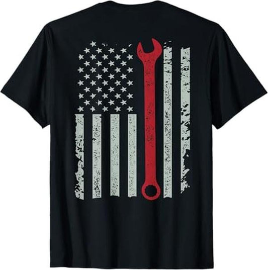 Funny Auto Mechanic T-Shirt, American Flag Mechanic Wrench Shirt - Menswear Casual Cotton