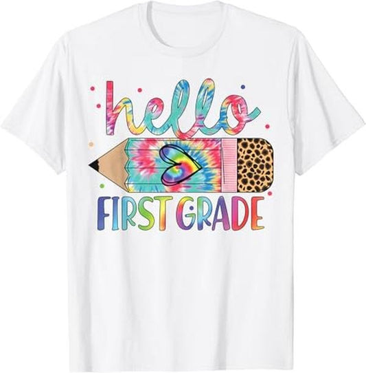 Funny Back To School Shirts, Hello 1st Grade Leopard Pencil Tie Dye Funny Back To School T-Shirt Cotton Fashion Casual Classic