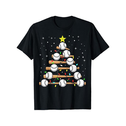 Funny Baseball Player Xmas Baseball Christmas Tree T-Shirt, 100% Cotton, Fabric Weight 180g, Single sided printed men'S black T-shirt, Halloween, Thanksgiving, Christmas gifts for family and friends, S-XXXL, black made in usa