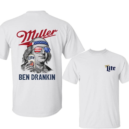 Funny Benjamin Franklin Drinking Miller Lite T-Shirt, Vintage Patriotic Cotton Shirt, Trendy Apparel, Perfect Gift for 4th of July Celebration
