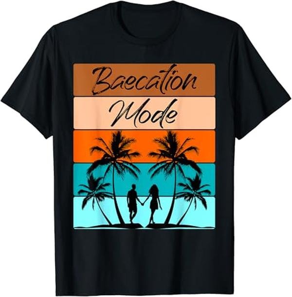 Funny Best Friend Shirts, Gift For Best Friend, Retro Baecation Mode Girlfriend Boyfriend Couples Vacation T-Shirt Basic Comfort Cotton