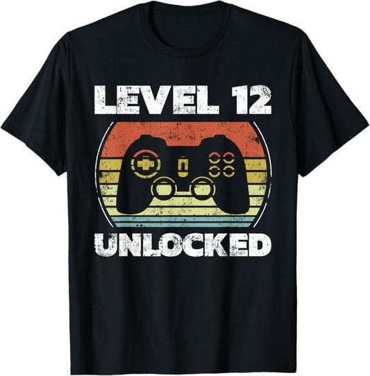 Funny Birthday Shirts, Level 12 Unlocked Funny Video Gamer 12th Birthday T-Shirt - Menswear Top