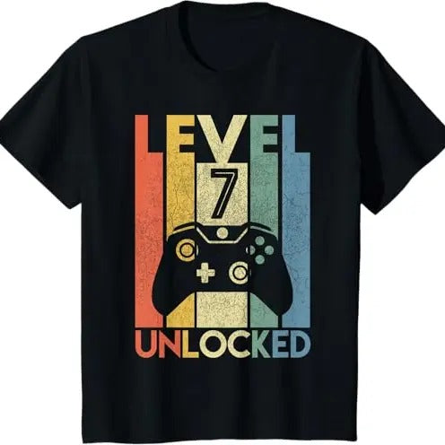 Funny Birthday Shirts, Level 7 Unlocked Funny Video Gamer 7th Birthday Gift T-Shirt - Menswear Top