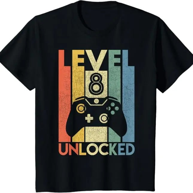 Funny Birthday Shirts, Level 8 Unlocked Funny Video Gamer 8th Birthday Gift T-Shirt - Menswear Top