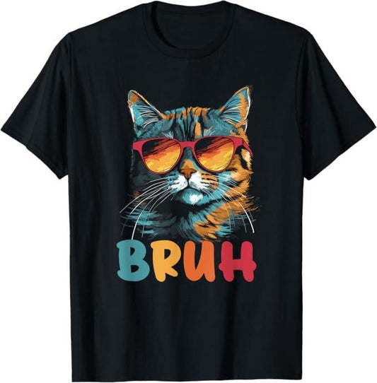 Funny Brother Shirt, Gift for Brother, Funny Meme Saying Bruh with Cat Greetings T-Shirt - Menswear Casual Cotton