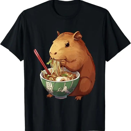 Funny Capybara Shirt, Cute Kawaii Capybara Eating Japanese Ramen Noodles Anime T-Shirt Cotton Menswear Top