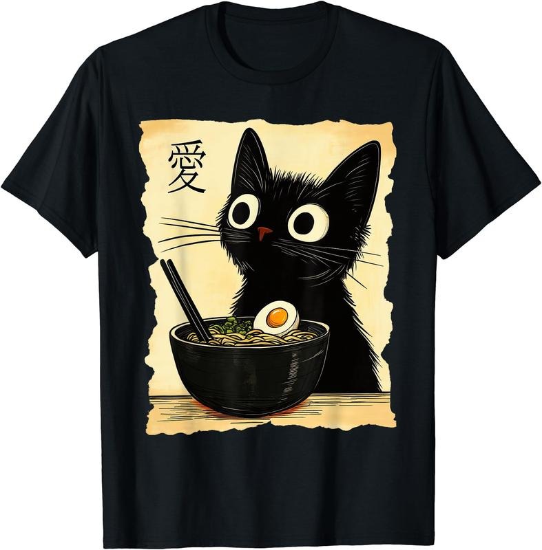 Funny Cat Ramen Graphic Tee Japanese Kawaii Anime Cat T-Shirt | Unisex Cotton Tee Gift, Crewneck, Short Sleeve