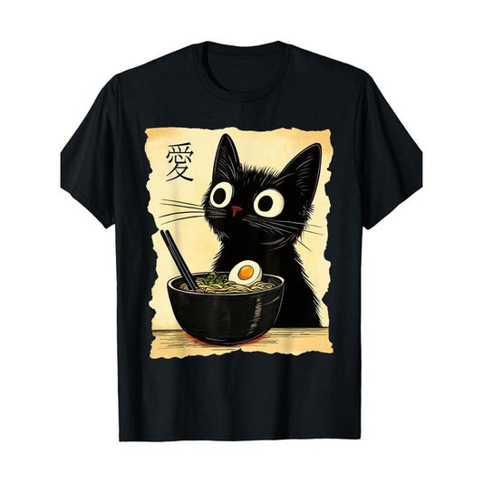 Funny Cat Ramen Graphic Tee Japanese Kawaii Anime Cat T-Shirt 100% Cotton Made in USA